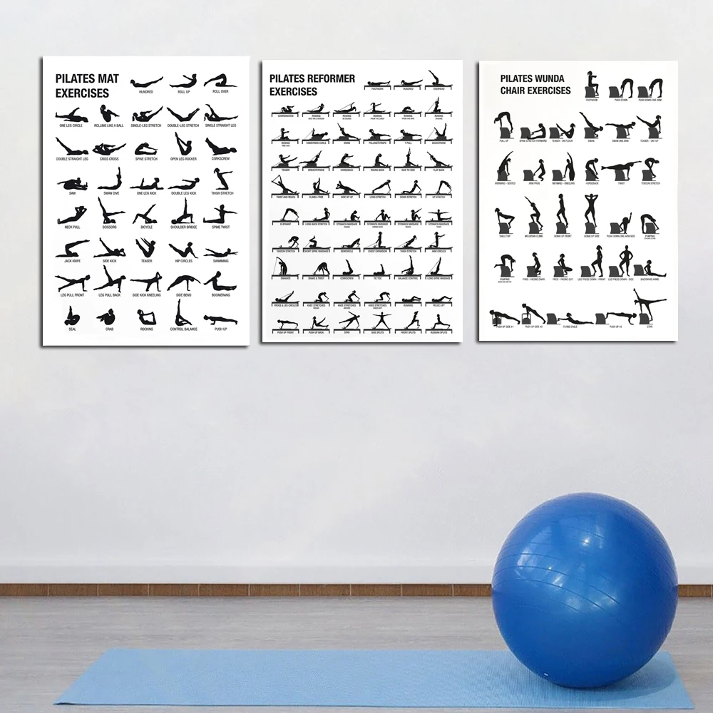 Pilates Reformer Mat Exercise Chart Poster Black White Minimal Wall Art Sport Picture Home Gym Studio Interior Decor Canvas Prin