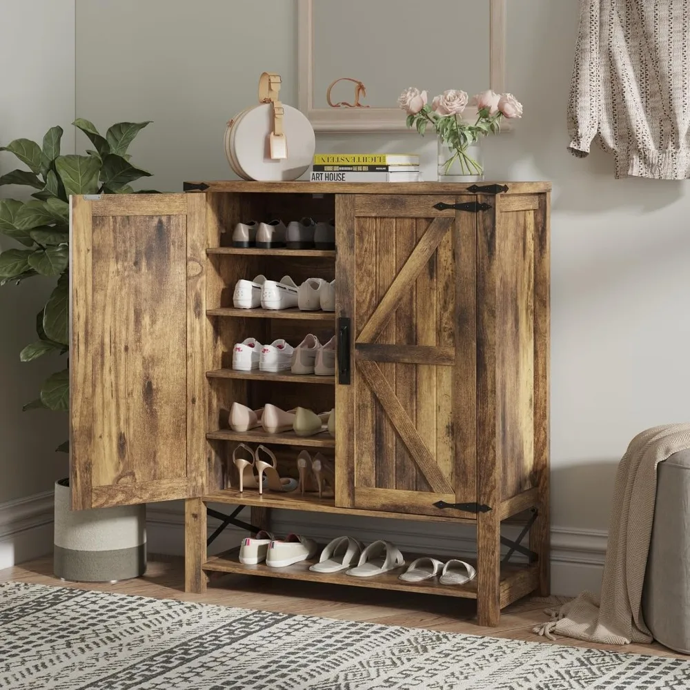 خزانة أحذية خشبية قابلة للتعديل مكونة من 6 طبقات على طراز المزرعة مع أبواب للتخزين والتنظيم