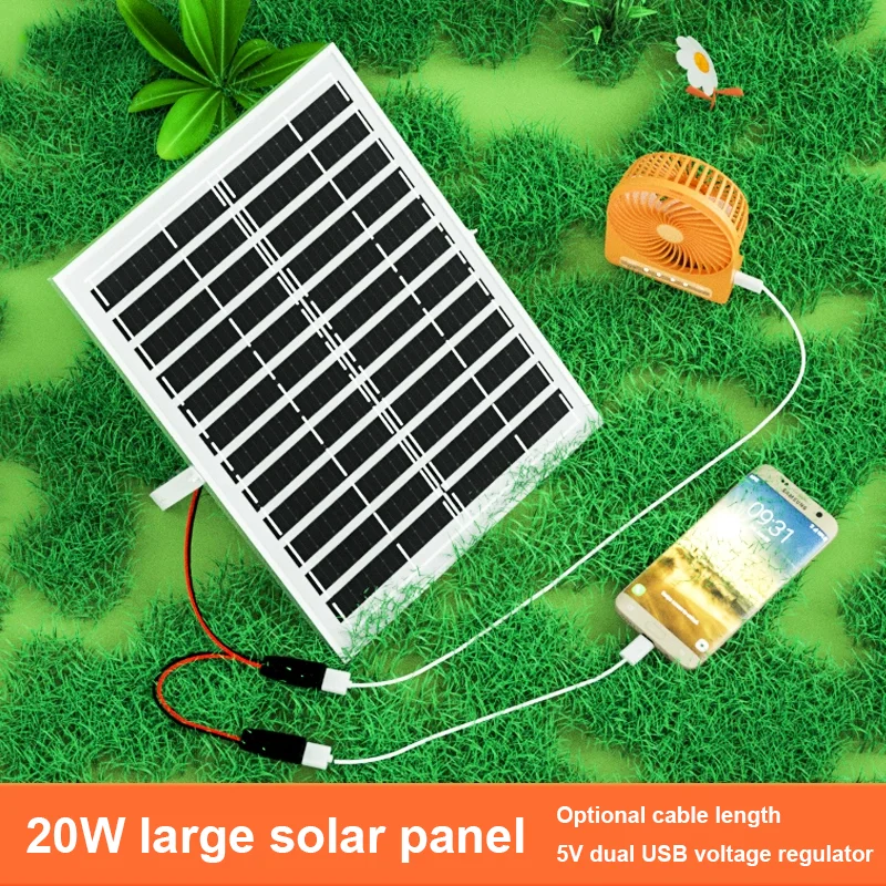 5V20W Solar Panel Photovoltaic Charging Board Outdoor Travel Waterproof USB Fast Charging 1A Charging Bank Portable