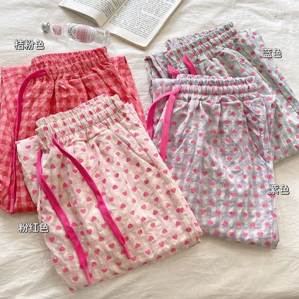 Fashion Heart Prints Long Pants Bowknot New Design Trousers Plaid Lace-up Pajamas For Women Girl