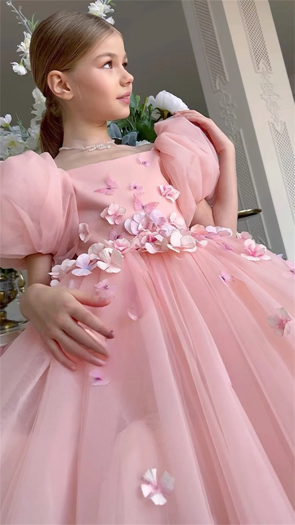 Customized Dearin Off-the-shoulder Ball Gown Tea Length Skirts Layered Draped Tulle Applique Flower Girl Dresses