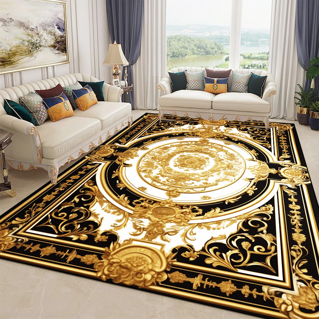 Golden Luxury Carpet for Living Room Large Area European Decoration Home Sofa Side Floor Mats Non-slip Washable Rugs for Bedroom