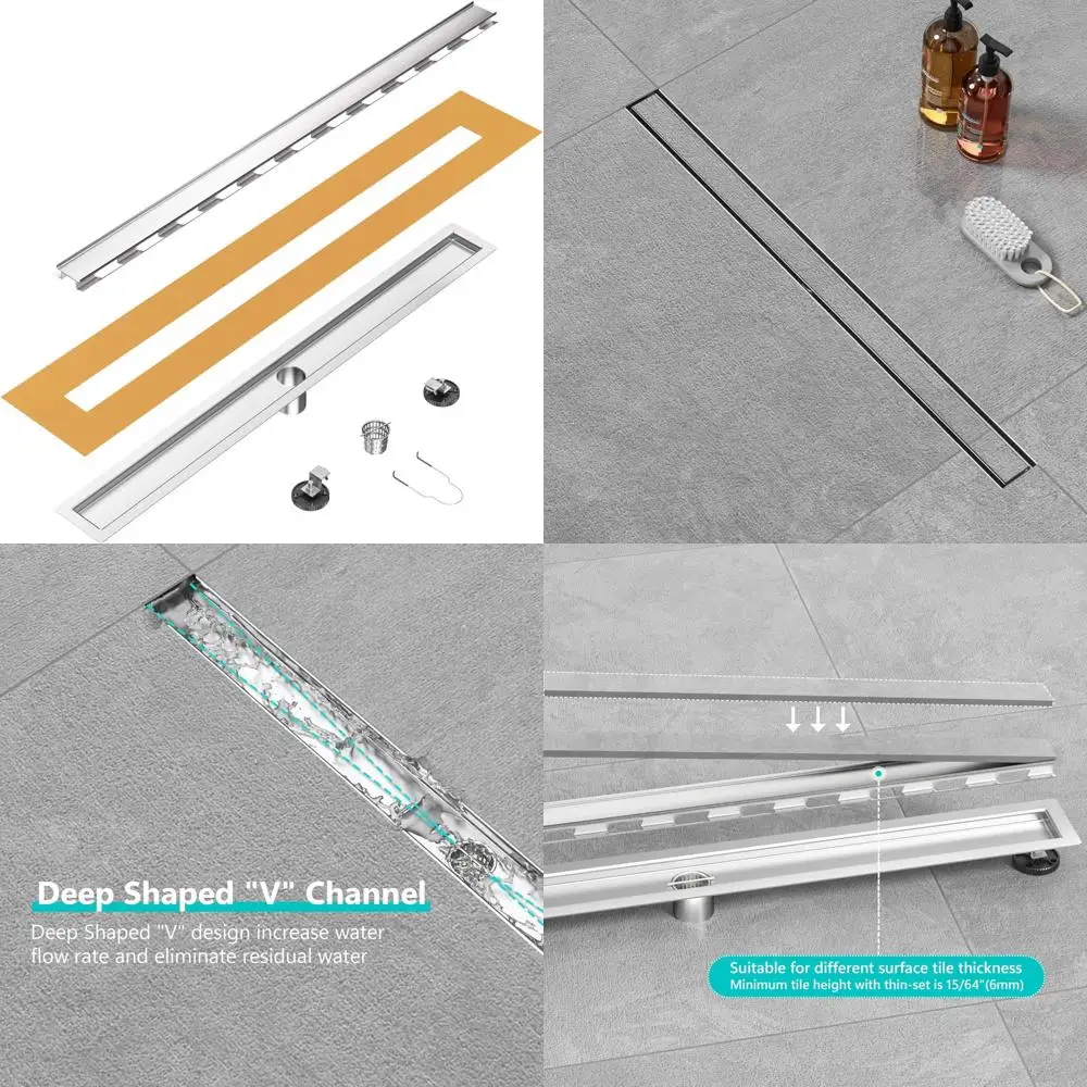 استنزاف دش خطي مقاس 24 بوصة مع غطاء شبكي لإدخال البلاط، استنزاف خطي من الفولاذ المقاوم للصدأ المصقول للحمامات الحديثة