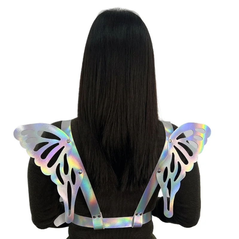 Decopunk Punk Gothic Night Club PU Leather Angel Butterfly Wings Suspenders Laser A Surname Reflect Bind Body Strap Shoulder