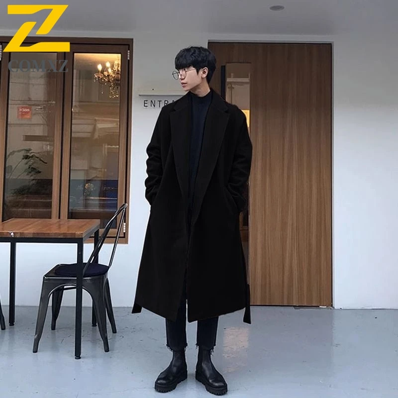 COMXZ Long Wool Overcoat Men Korean Style Autumn Winter Fleece Lined Thickened Woolen Trench Casual Travel Windproof Garment