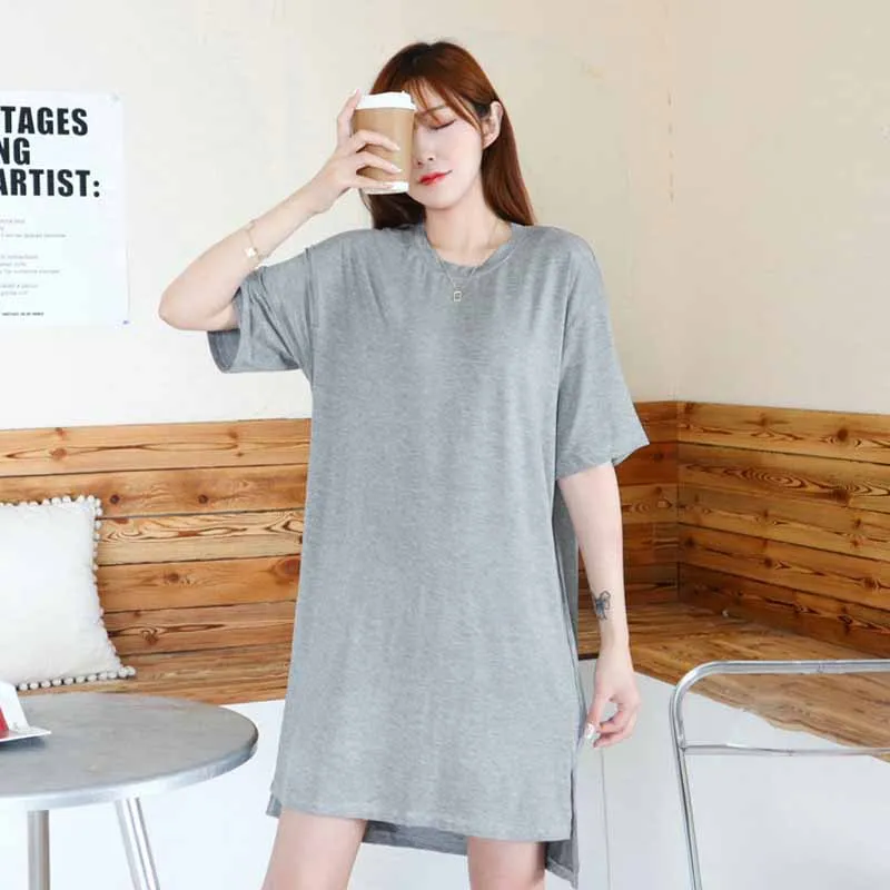 Women's Sexy Round Neck Nightgown Solid Color Mid Sleepwear Modal Intimate Lingerie Nightwear Loose Casual Chemise Nightdress