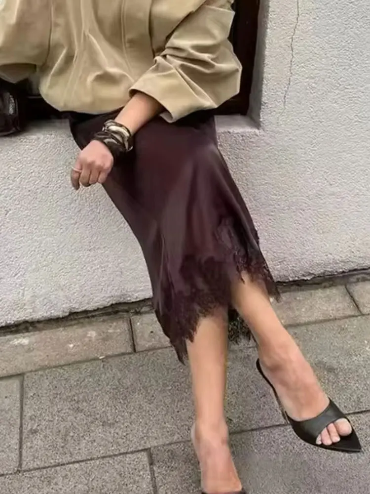 HH Women Fashion Lace Hem Skirt Elastic Waist Slim Straight Midi Skirt Woman Elegant Evening Club Party Lady Chic Skirt