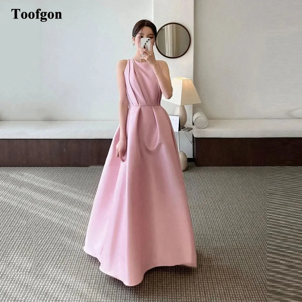 

Toofgon Pink A Line Satin Korea Prom Party Dresses Strapless Floor Length Formal Evening Gowns Wedding Photo Shoot Dress