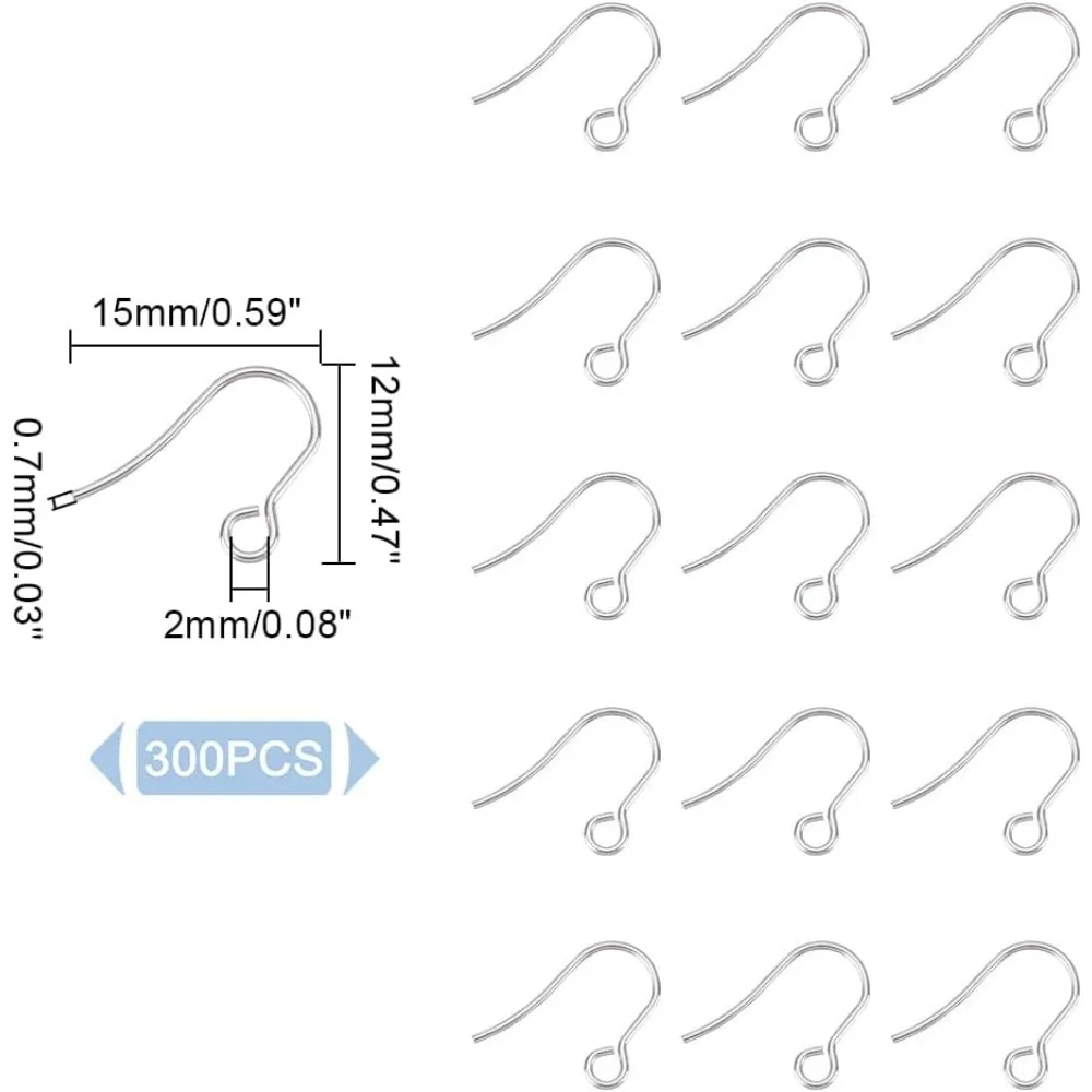 300 ganci per orecchini francesi ipoallergenici in metallo lungo 15 mm in acciaio inossidabile con anelli orizzontali pendenti