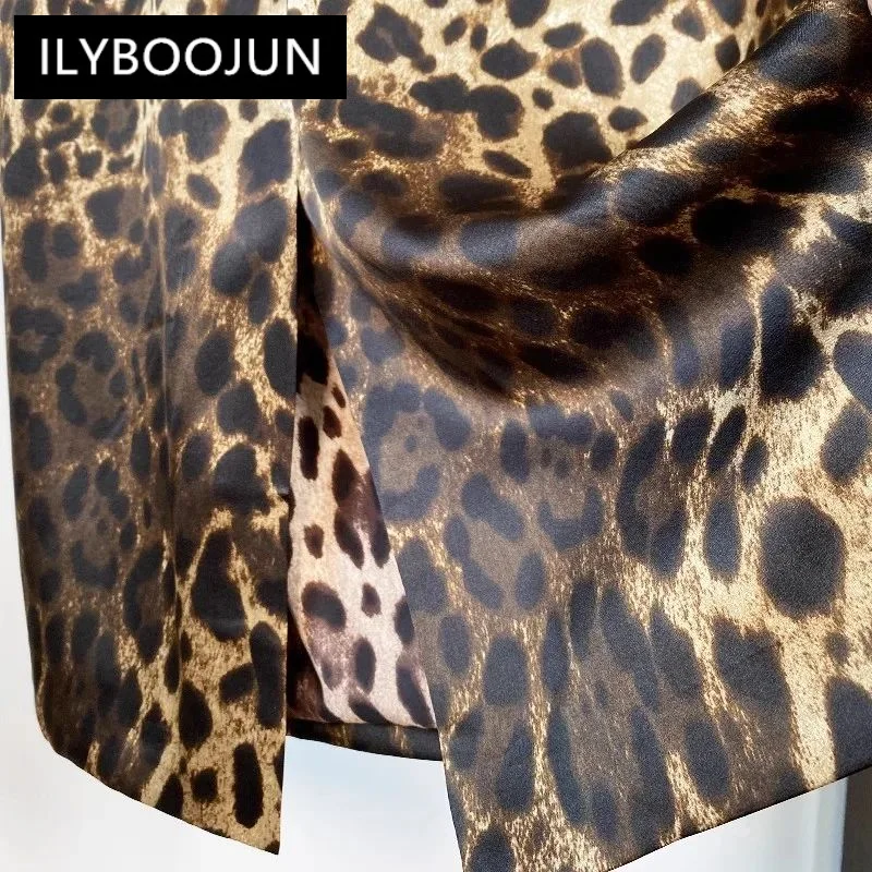 ILYBOOJUN Fashion Designer Early Autumn Silk Pencil Dress Women O-Neck Long Sleeve Leopard Print Vintage Party Slim Dresses