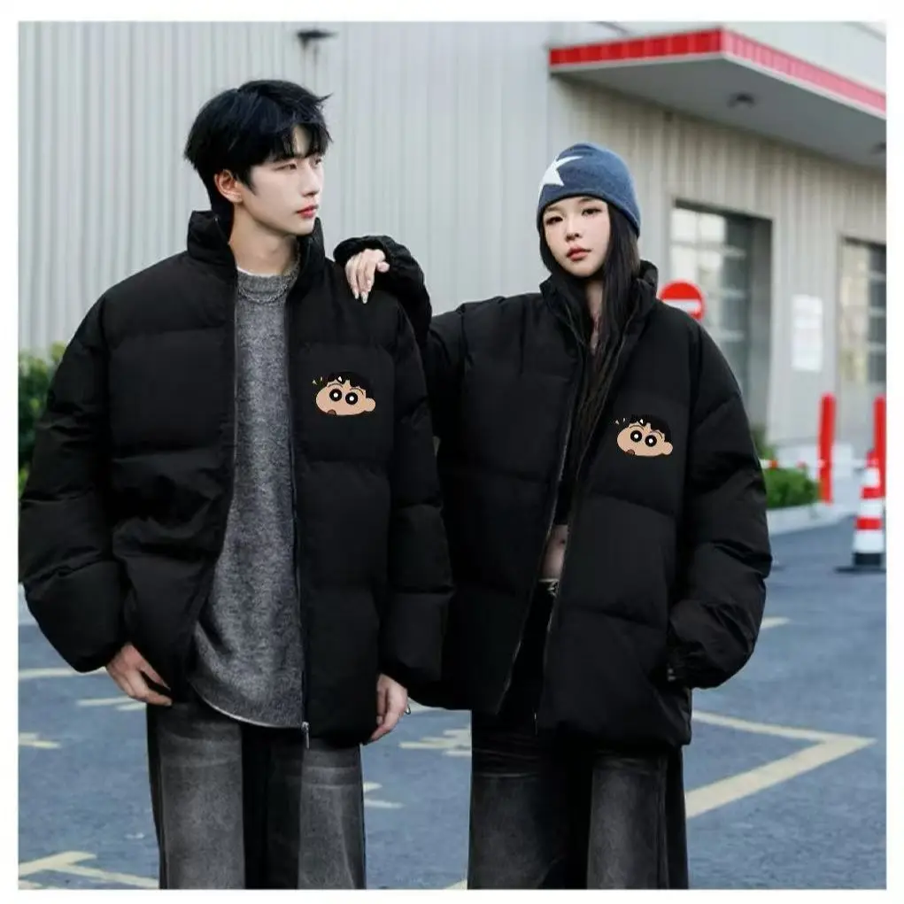 Couple Matching Crayon Shinchan Graphic Padded Jacket Thicken Warm Winter Coat Hip Hop Loose Cute Street Outerwear for Men Women