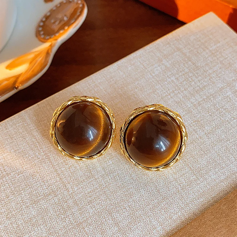Vintage Brown Resin Square Stud Earrings, Women's Gift