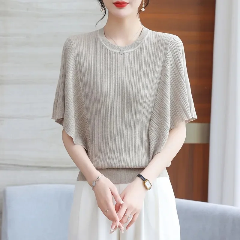 

Summer Fashion Temperament Simple Knit Flying Sleeve T-shirt Women Solid Patchwork Round Neck Ice Silk Short Sleeved Top