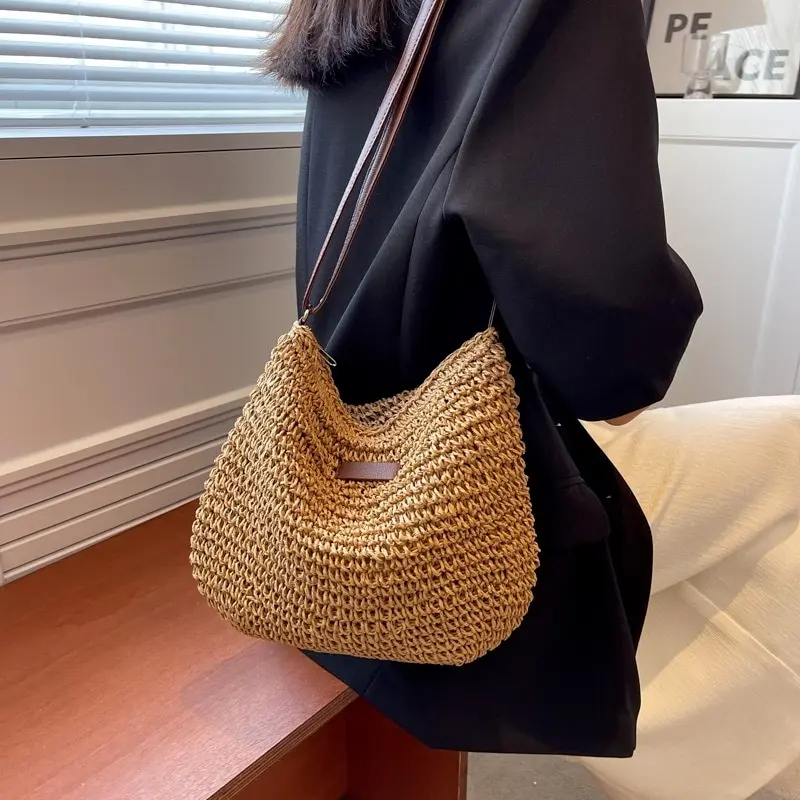 Summer Straw Crossbody Bag 2024 Ladies Beach Holiday Woven Totes Casual Bag Women Shoulder Handbags Messenger Purse Shopping Bag