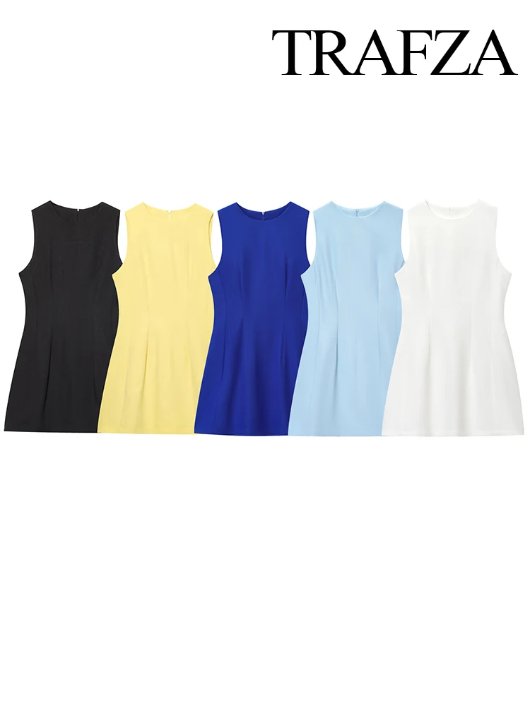 

TRAFZA Fashion Woman Slim Sexy Dresses Women Simple Solid Sumemr Mini Dress O-Neck Sleeveless Back Zipper Holiday Style Dresses