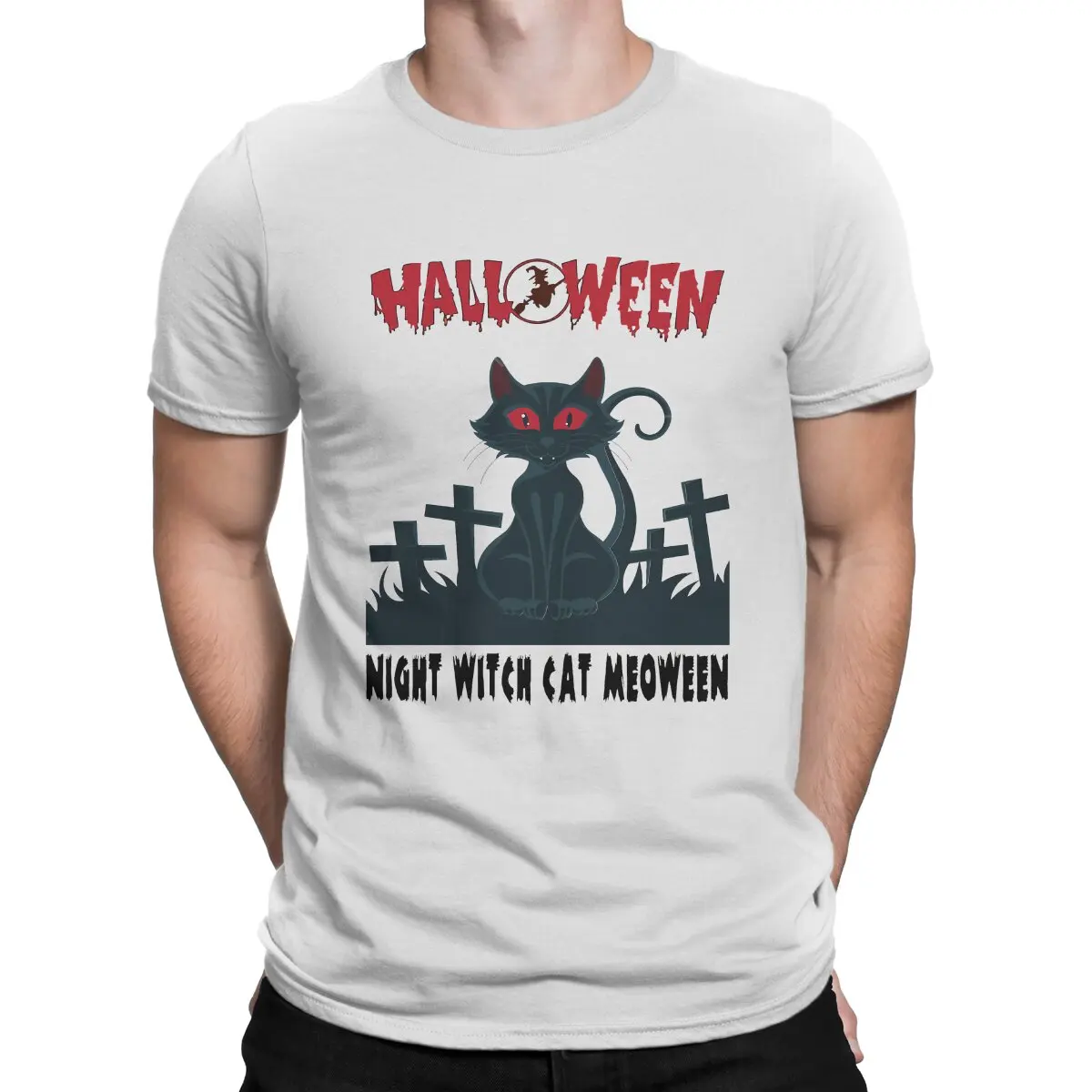 Night Witch Cat Meoween Men's T Shirt Vampurr Unique Tee Shirt Short Sleeve Crewneck T-Shirt Cotton Summer Clothes