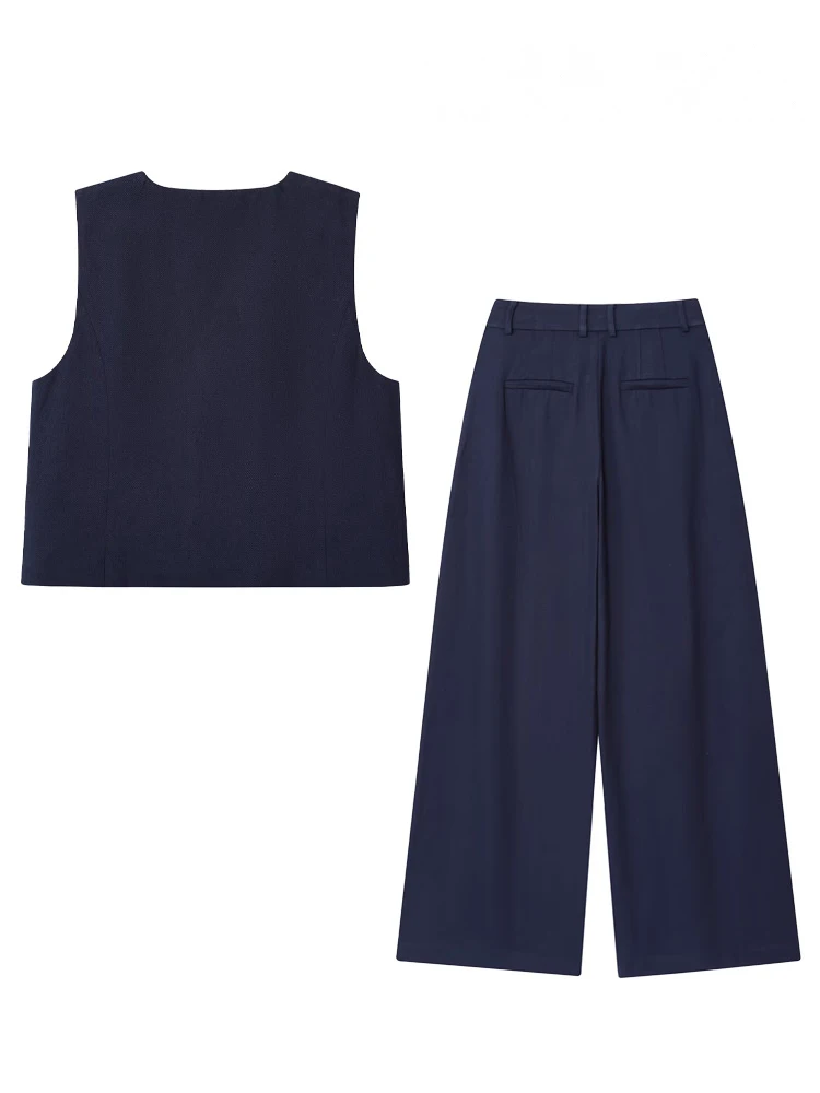 HH Women Sexy Fashion Solid 2-Piece Set Flip Cover Design V-Neck Sleeveless Waistcoat+Chic Zipper Pleated Pocket Trousers