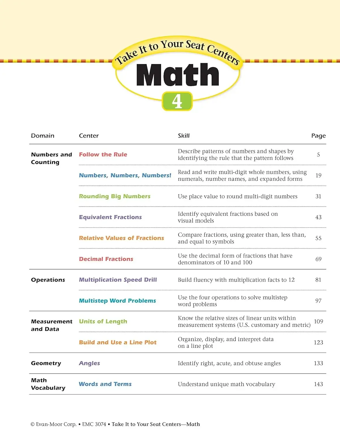 Evan-Moor Take It to Your Seat Common Core Math Centers, Grade 4 Workbook,aged 8 9 10 11, English book 9781609637835