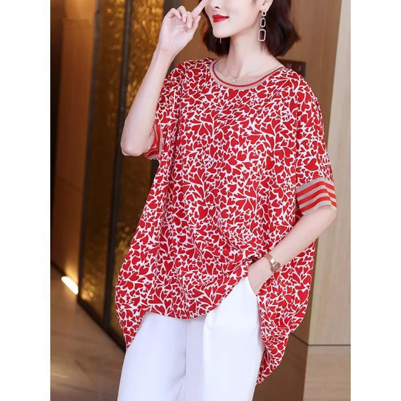 Vintage Printed O-Neck Spliced Asymmetrical Oversized Raglan Sleeve Chiffon Blouse Summer Casual Tops Commute Women\'s Shirt