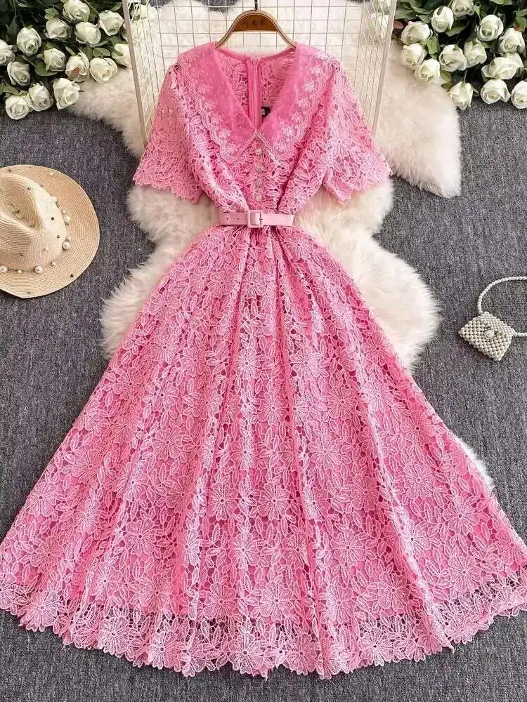 Runway Evening Party Prom Lace Dress Women Diamonds Button Elegant Short Sleeve Flower Embroidery Belt Long Robe Summer Sundress