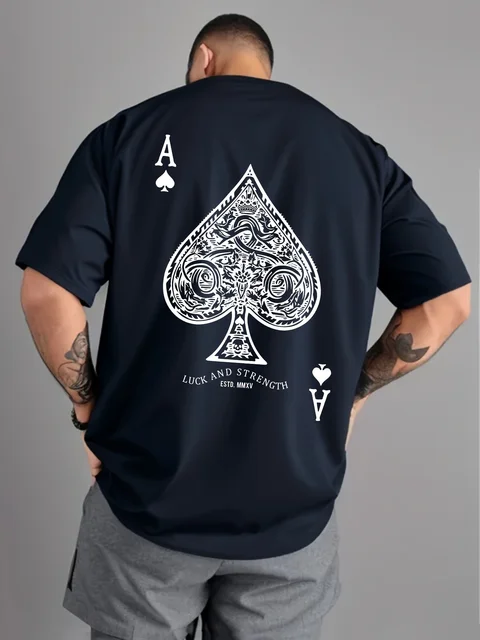 Summer men's 100% pure cotton casual sports loose oversized retro spade A printed comfortable round neck short sleeved T-shirt 1