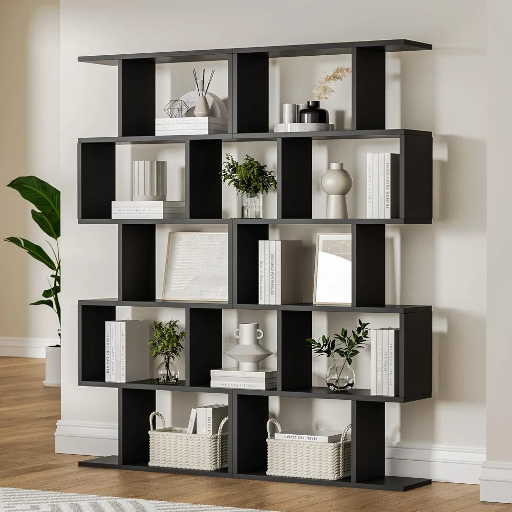 

Black 5-Tier Geometric Bookcase, S-Shaped Modern Bookshelf Set of 2, 62.6" Tall Room Divider Book Shelf, Decorative Display Shel