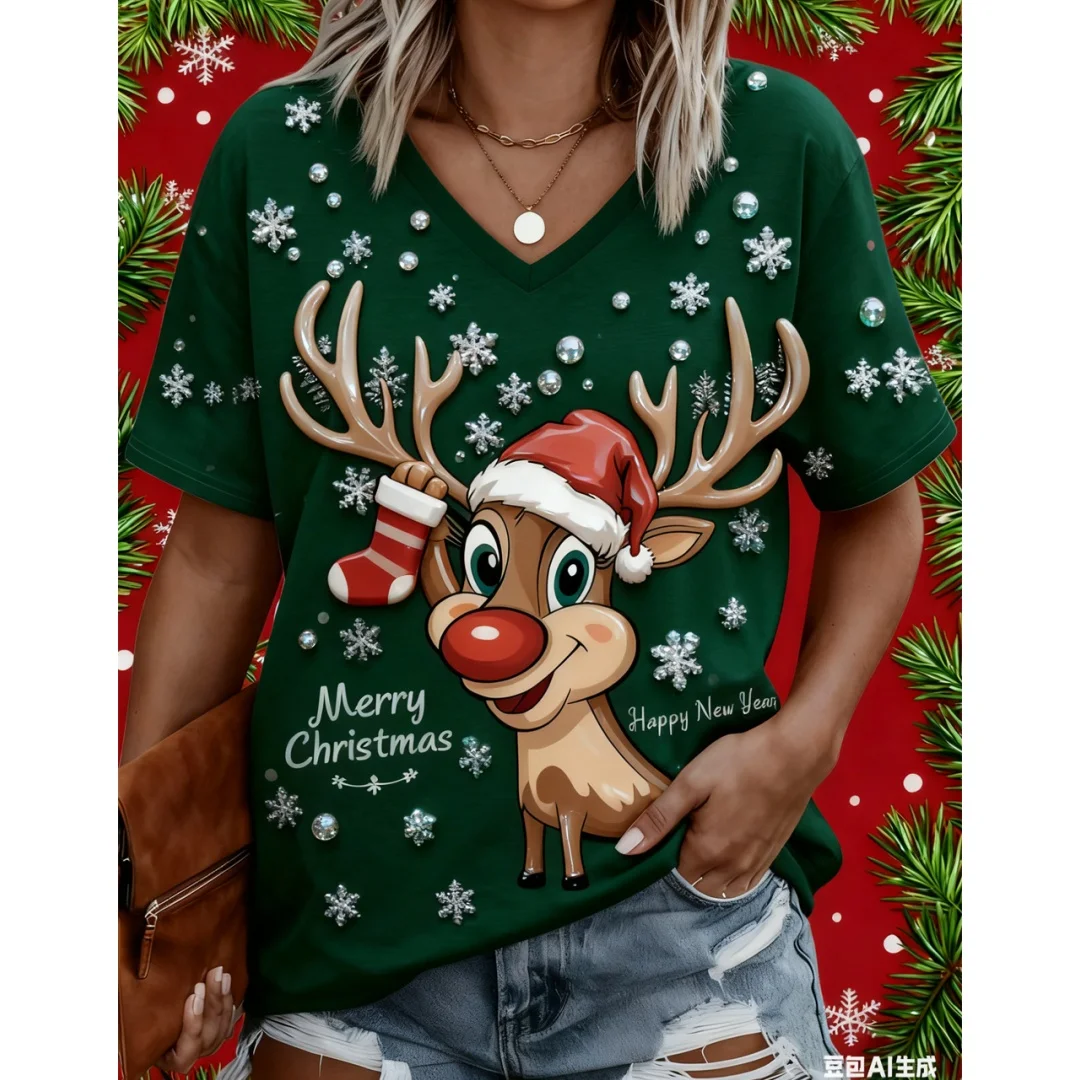 

Рождественская футболка для женщин, футболка с 3D животным принтом и v-образным вырезом, удобная рождественская футболка, женская одежда, футболки с графикой