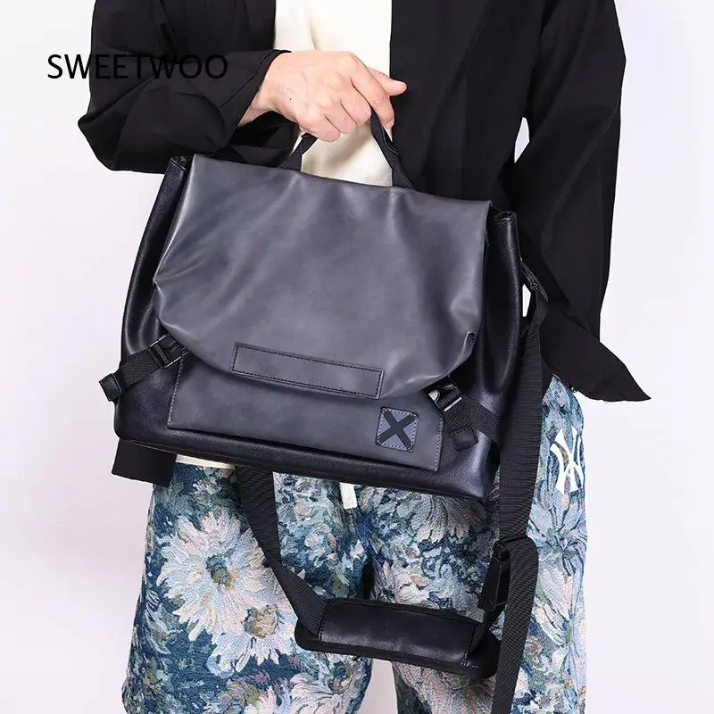 Men Gray Color Block Faux Leather Messenger Bag Casual Flap Crossbody Shoulder Bag Minimalist Laptop Work Bag