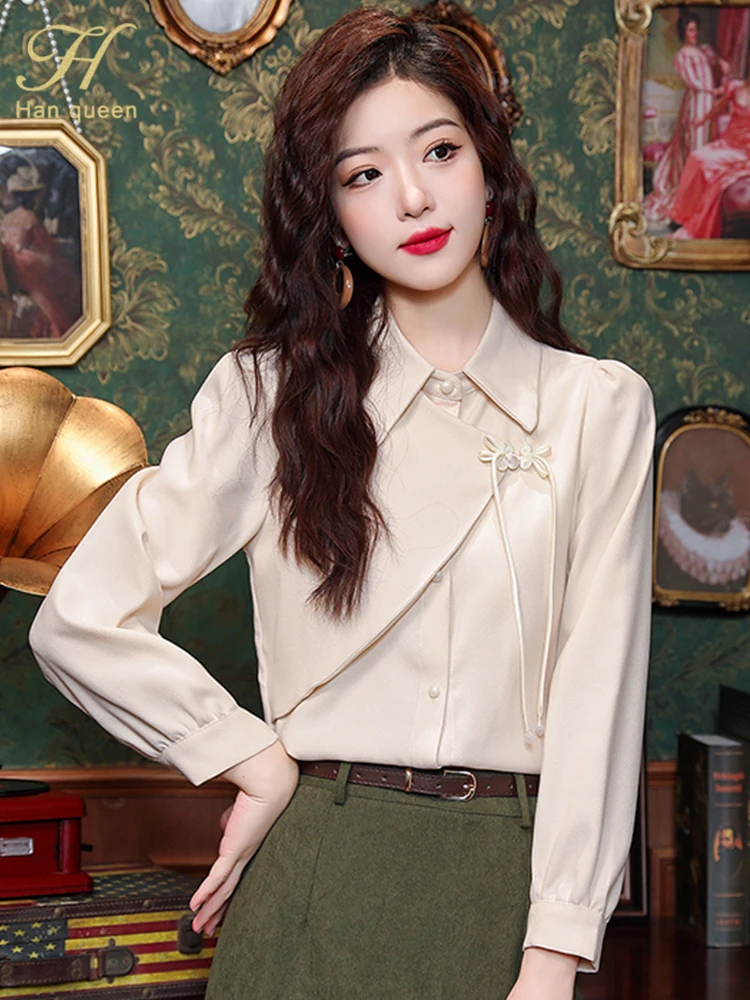 H Han Queen Spring Autumn Turn-Down Collar Vintage Long Sleeve Tops Elegant Blouses Loose Chiffon Casual Shirts Women Clothes