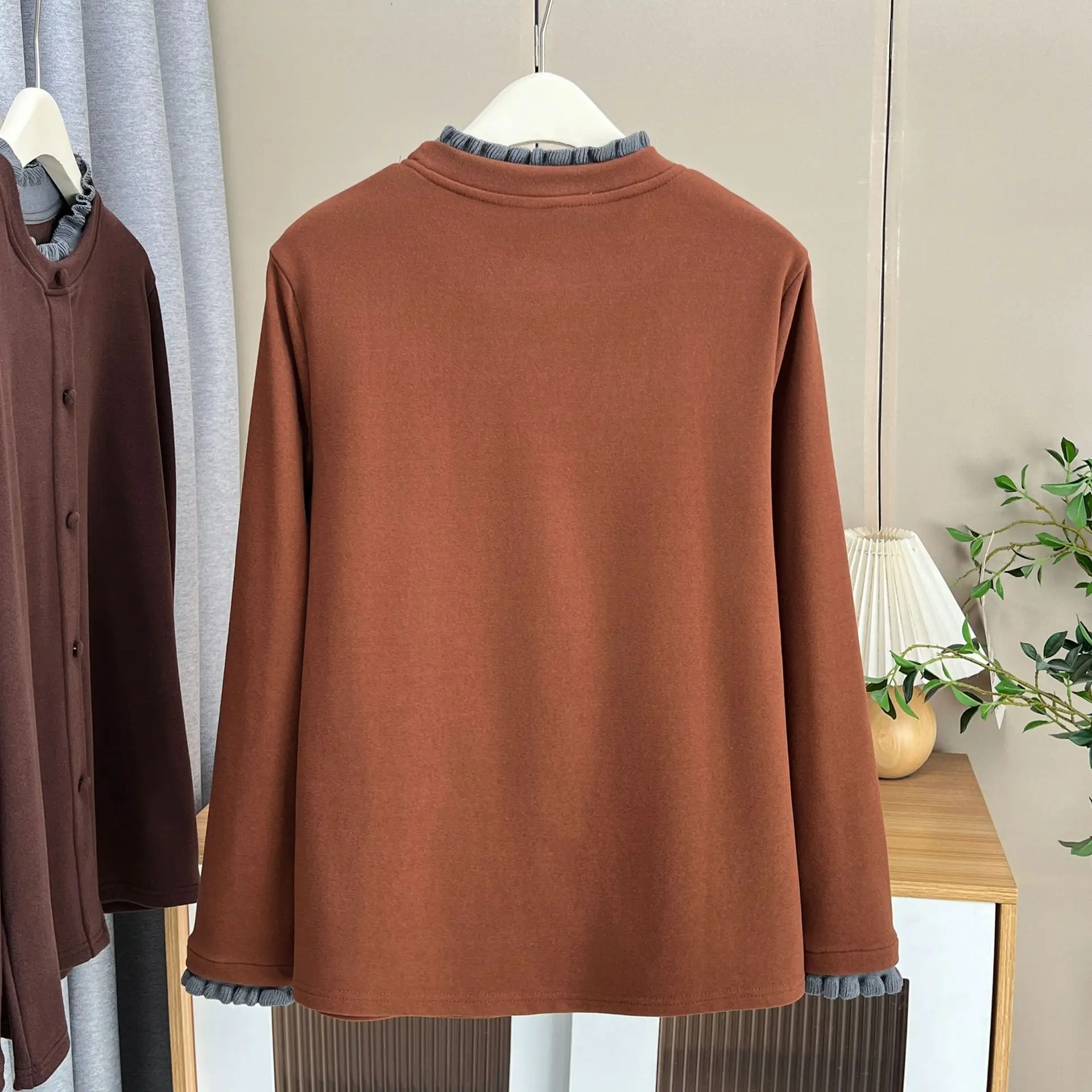 XXXXL موضة حجم كبير تي شيرت المرأة الخريف الشتاء دي المخملية كتلة دافئة اللون تكدرت طوق كم طويل قاعدة القمم 984 #6