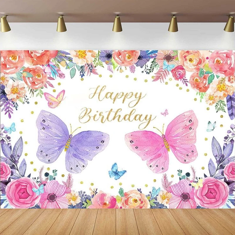 Photography Backdrop Pink Purple Butterfly Banner For Girl Happy Birthday Party Room Decor Background Portrait Shoot Poster