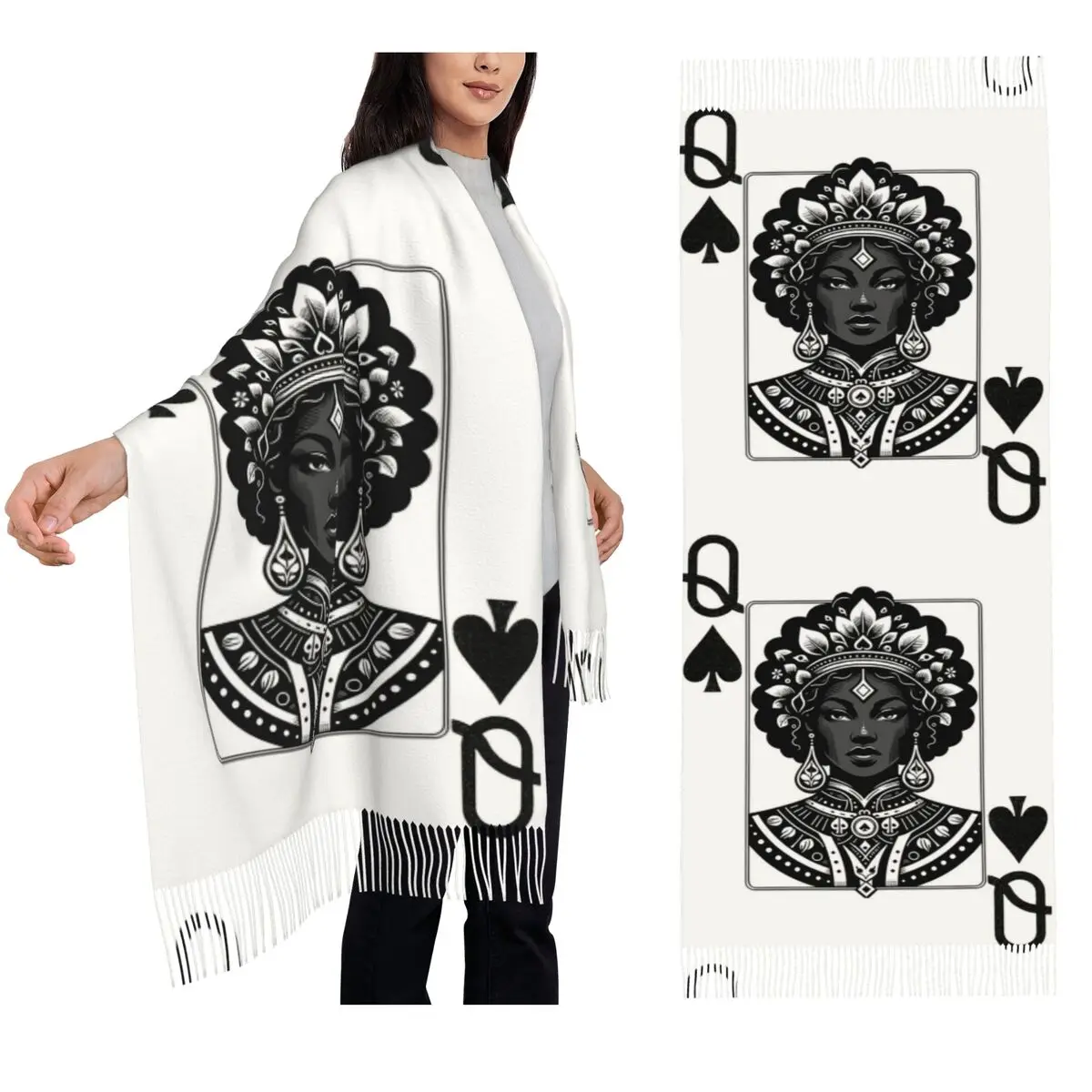 

Черный шарф Queen Spade, шарфы с кисточками, женские мягкие теплые шали и накидки, длинная осенне-зимняя шаль