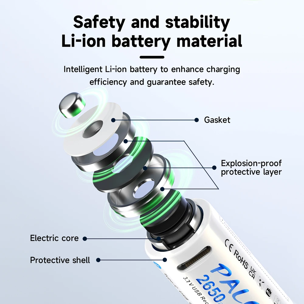 PALO CR123A Battery 2650mWh 16340 RCR123 3.7V Rechargeable Battery 100% Capacity USB Lithium CR123 16350 Bateria + Type-C Cable