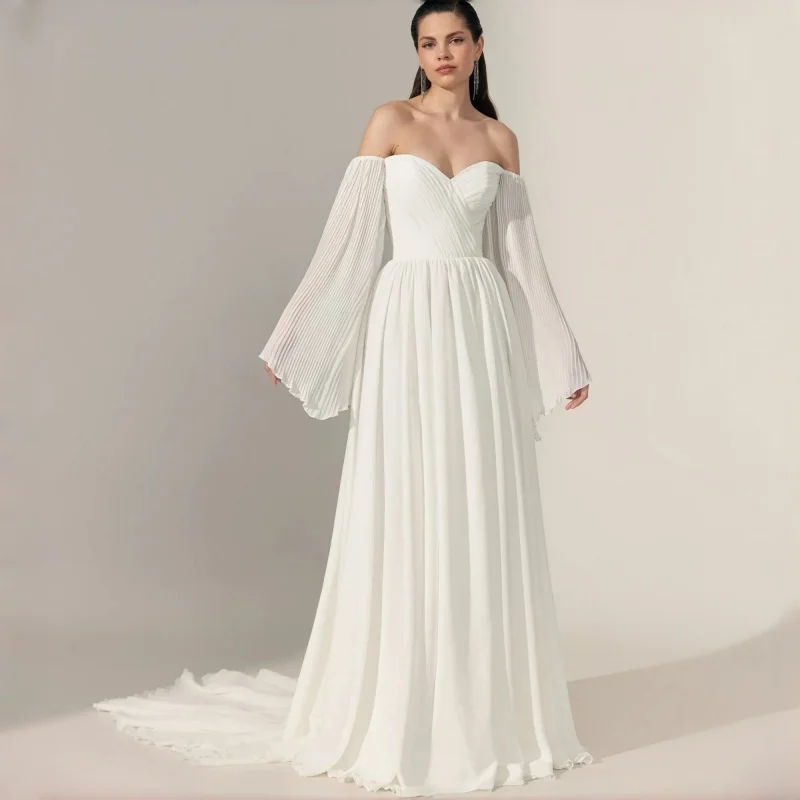 

Bohemian Chiffon Off-the-Shoulder Wedding Dress Pleated Bell Sleeves Chapel Train Bridal Gown Backless Customized
