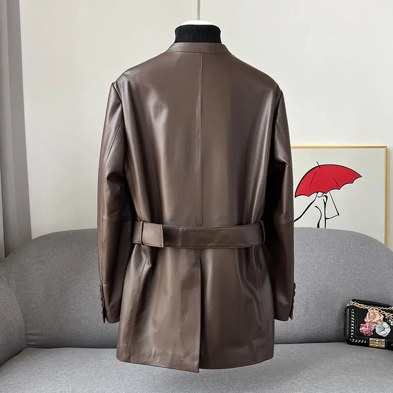 2023 V-Neck Slim Genuine Sheepskin Coat Autumn Fashion Belt Simple Style Genuine Leather Coat Women's Pocket Button Leather Coat