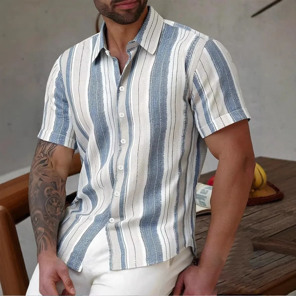

Spring Summer New Men Clothes Short Sleeve 3D Digital Print Button Shirt Men Simple Style Stripe Lapel Shirt Tops