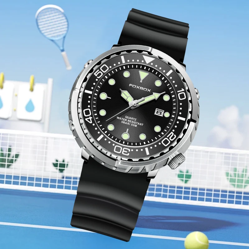 FOXBOX Outdoor Casual Man Watch Fashion Sport Silicone Belt Clock Waterproof Luminous Rotating Bezel Date Quartz Watches for Men