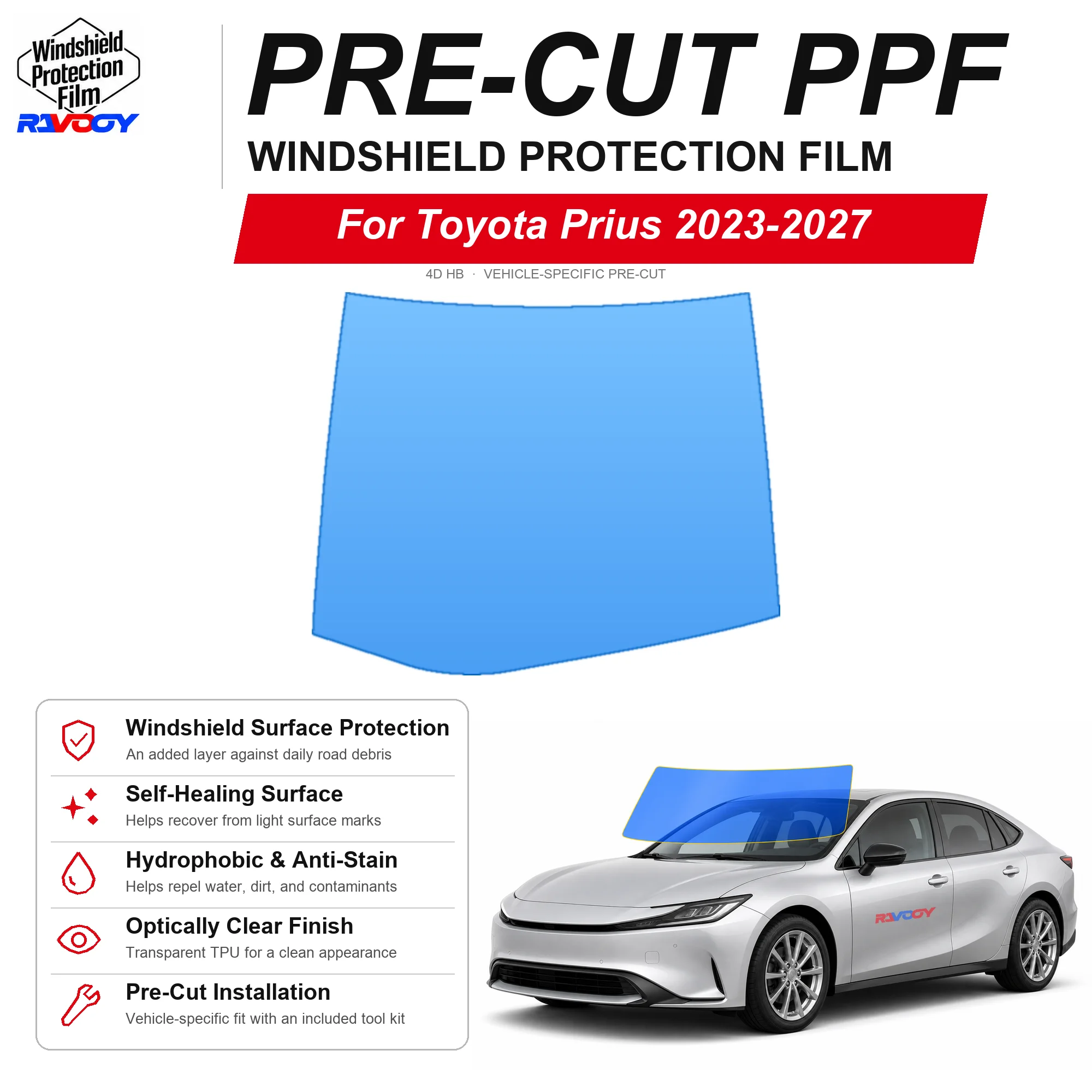 RAVOOY Pre-Cut Front Windshield Protection Film For Toyota Prius 4D HB 2023-2027 6.5mil Clear TPU UV Blocking Hydrophobic Kit
