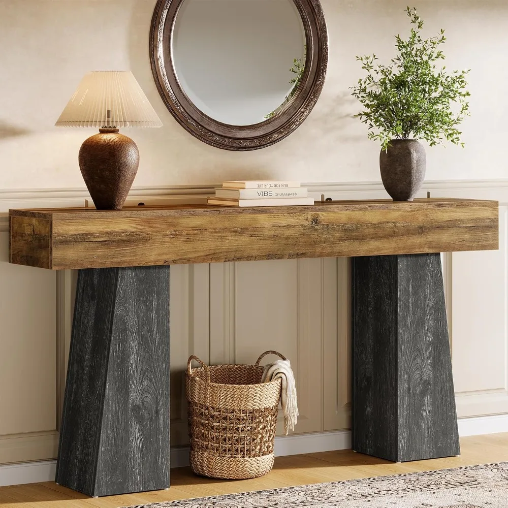 

Farmhouse Entryway Table, 63-Inch Long Wooden Sofa Console Table, Rustic Console Behind Couch with Double Trapezoid