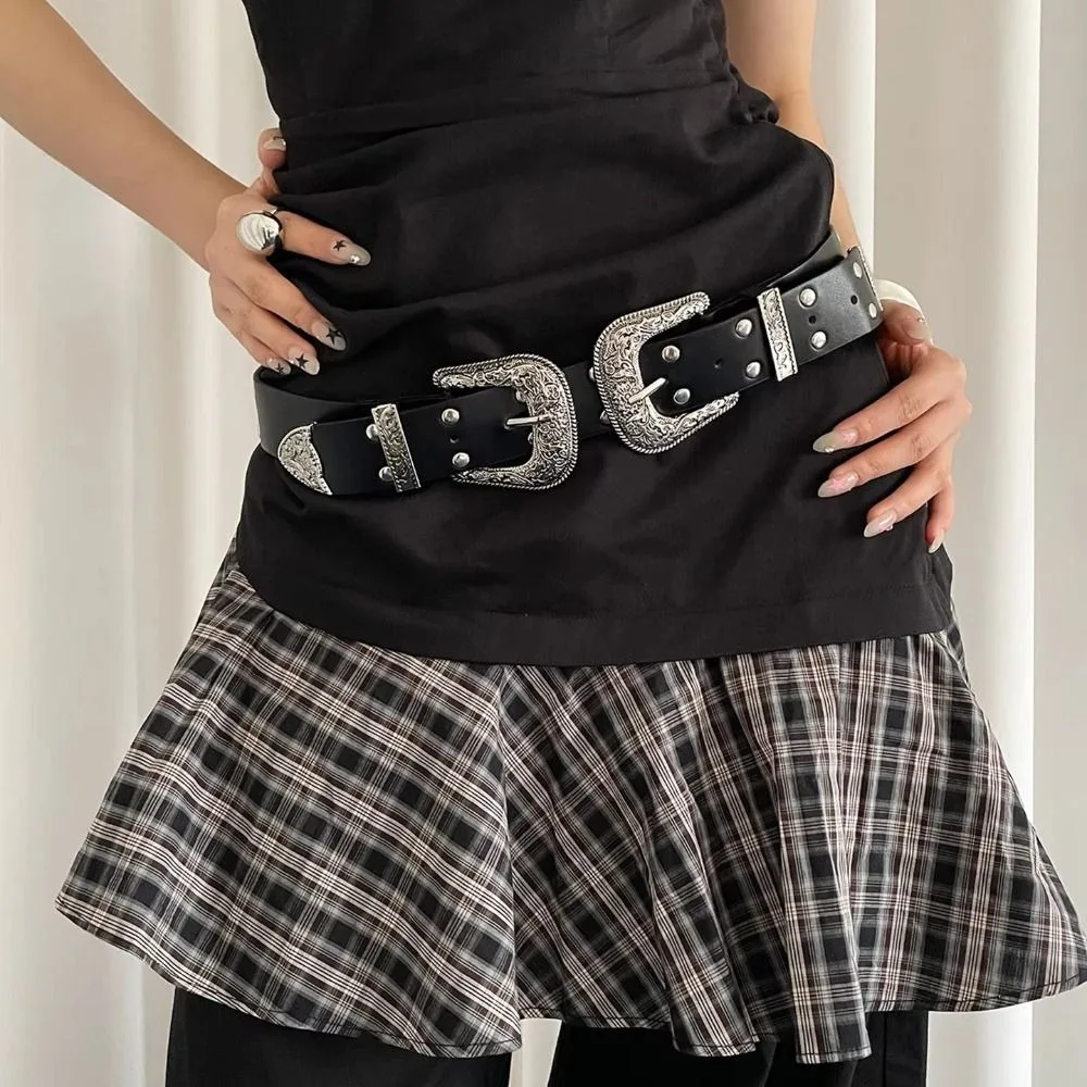 

Retro Vintage Women's Rivet Belt Y2k Gothic Leather Waist Belt Punk Double-Headed Dress Jeans Belt Waist-Cinching