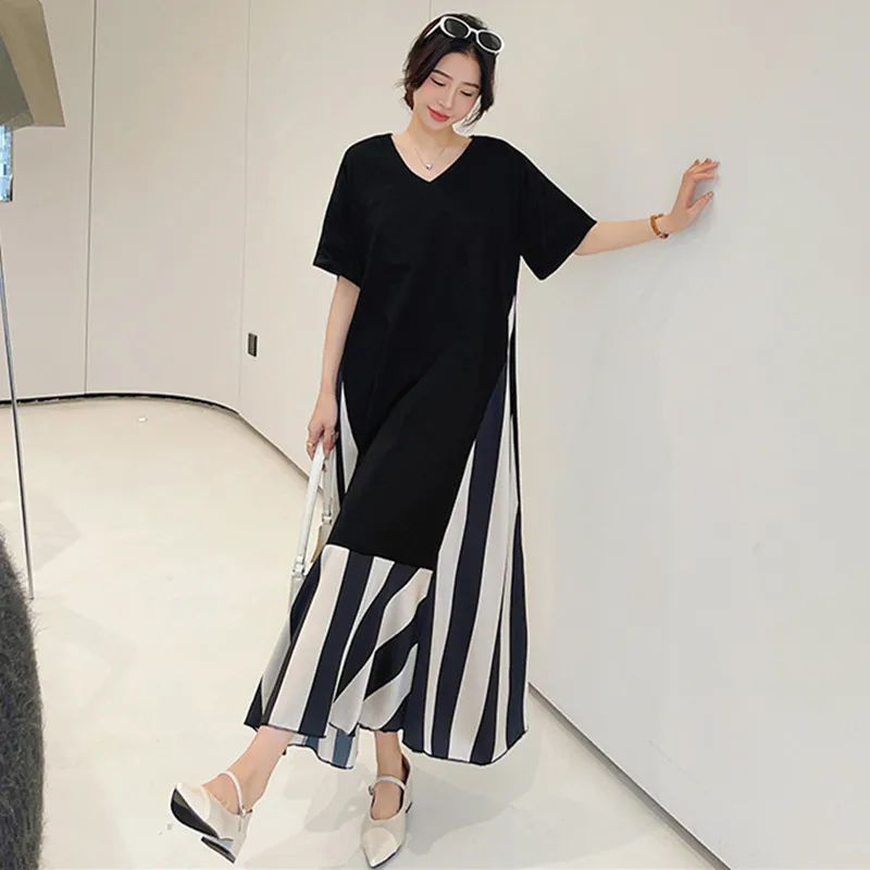 Japanese Korea Style Patchwork Striped Silk Plus Size Loose Chic GIrl's Black Summer Dress Fashion Women Casual Long Dress