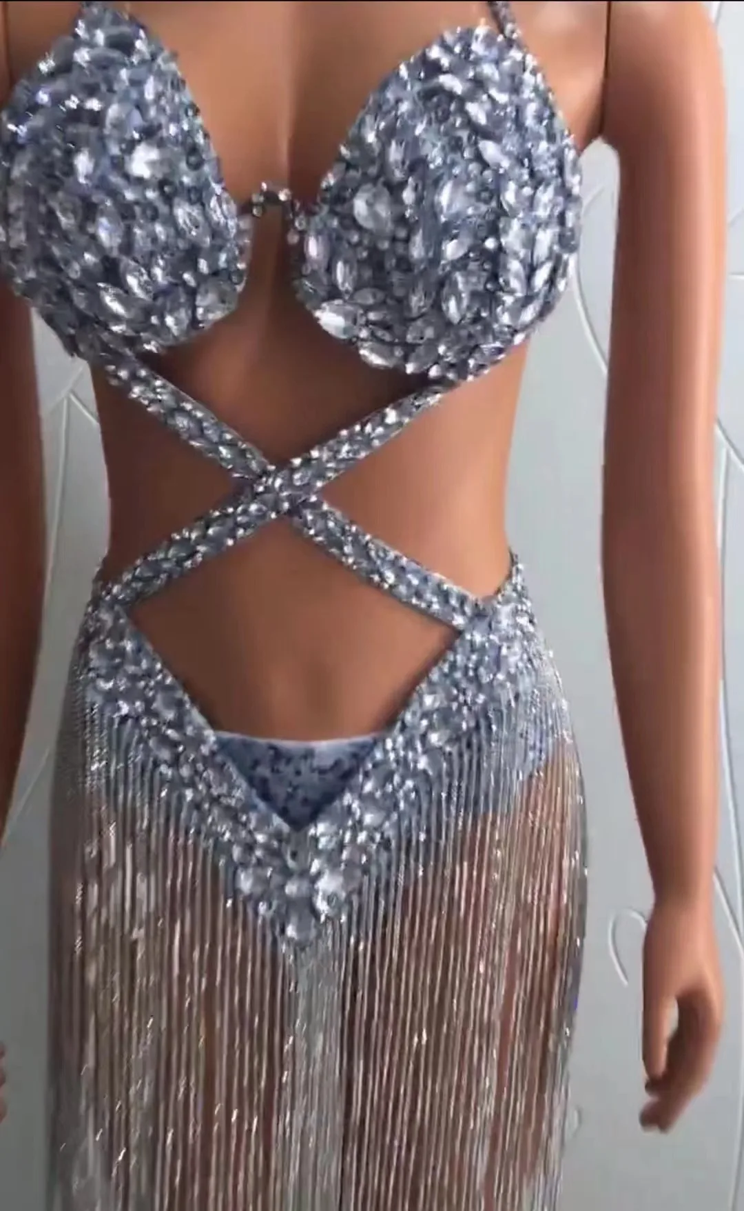 Rückenfreier Damen-Leotardrock mit Kristallen und Ketten für Abendveranstaltungen, Abschlussball, Geburtstagsfeiern, Tanzkostüm, sexy und luxuriös – Detail 2