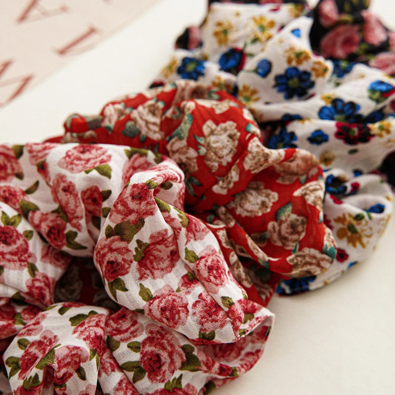 DIY Sweet Chiffon Rose Flower Print Elastic Hair Bands Romantic Pink Red Floral Hair Scrunchie Women Rubber Band Ponytail Holder