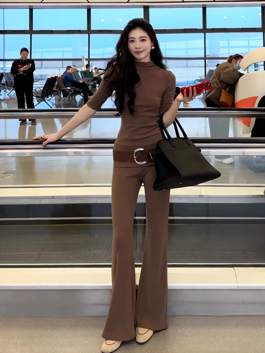 

Spring 2026 Women's Slim Fit T-Shirt Top mid Sleeve Casual High Waist Pants Two Piece Set round Neck Pullover Polyester Blend