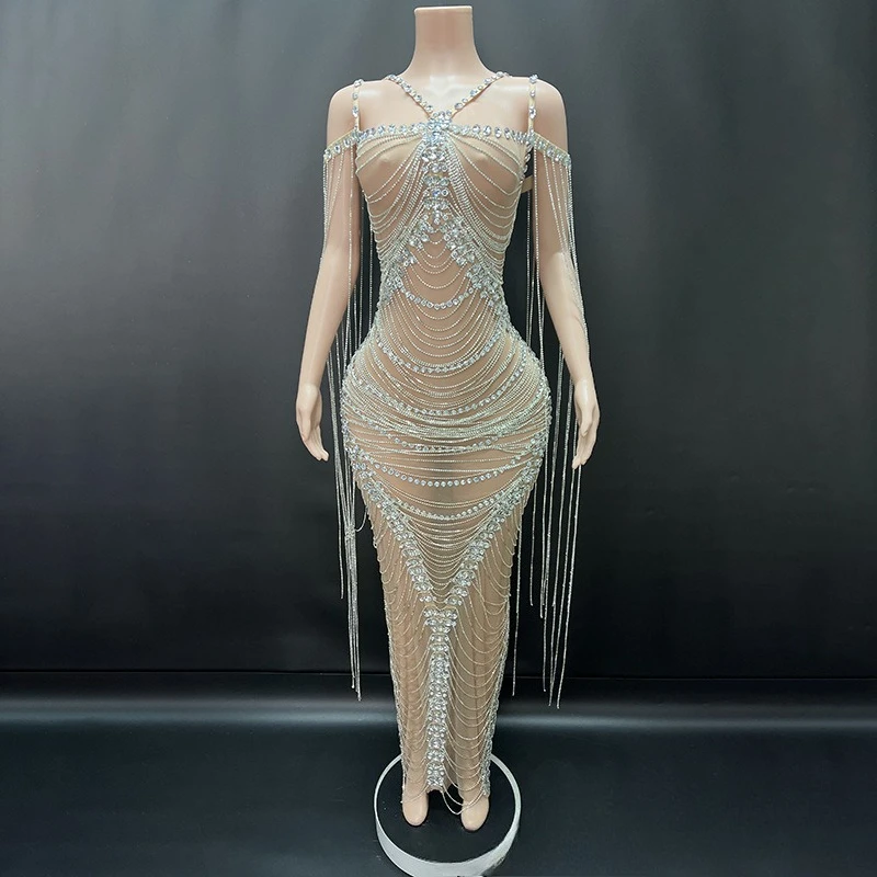 Vestido de Noche Formal de Sirena Transparente con Flecos de Cadena de Diamantes de Imitación Brillantes de Alta Gama para Boda, Compromiso, Cumpleaños, Fiesta de Graduación