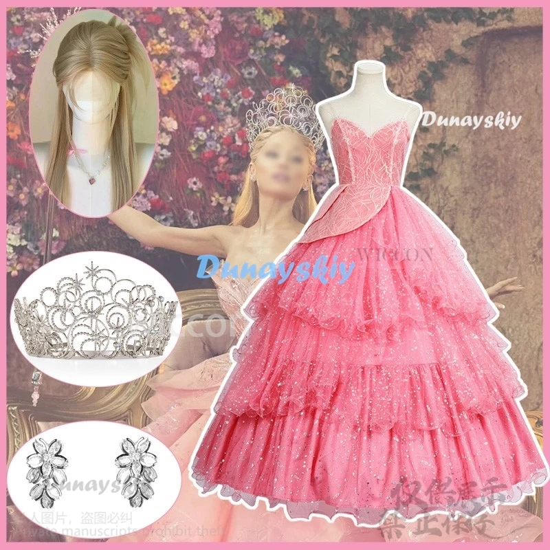 

Glinda Wicked Косплей Аниме Костюм Фильма Розовое Платье Лолита Вечерний Милый Костюм Парик Halo Earing Set Для Хэллоуина Девушки Индивидуальные