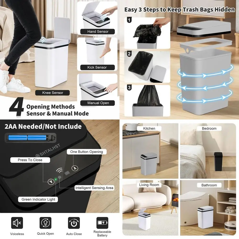 

3-Pack Touchless Trash Cans, 2.5 Gallon Slim Design, Motion-Activated Waste Bins in Black, Gray, White for Home & Office