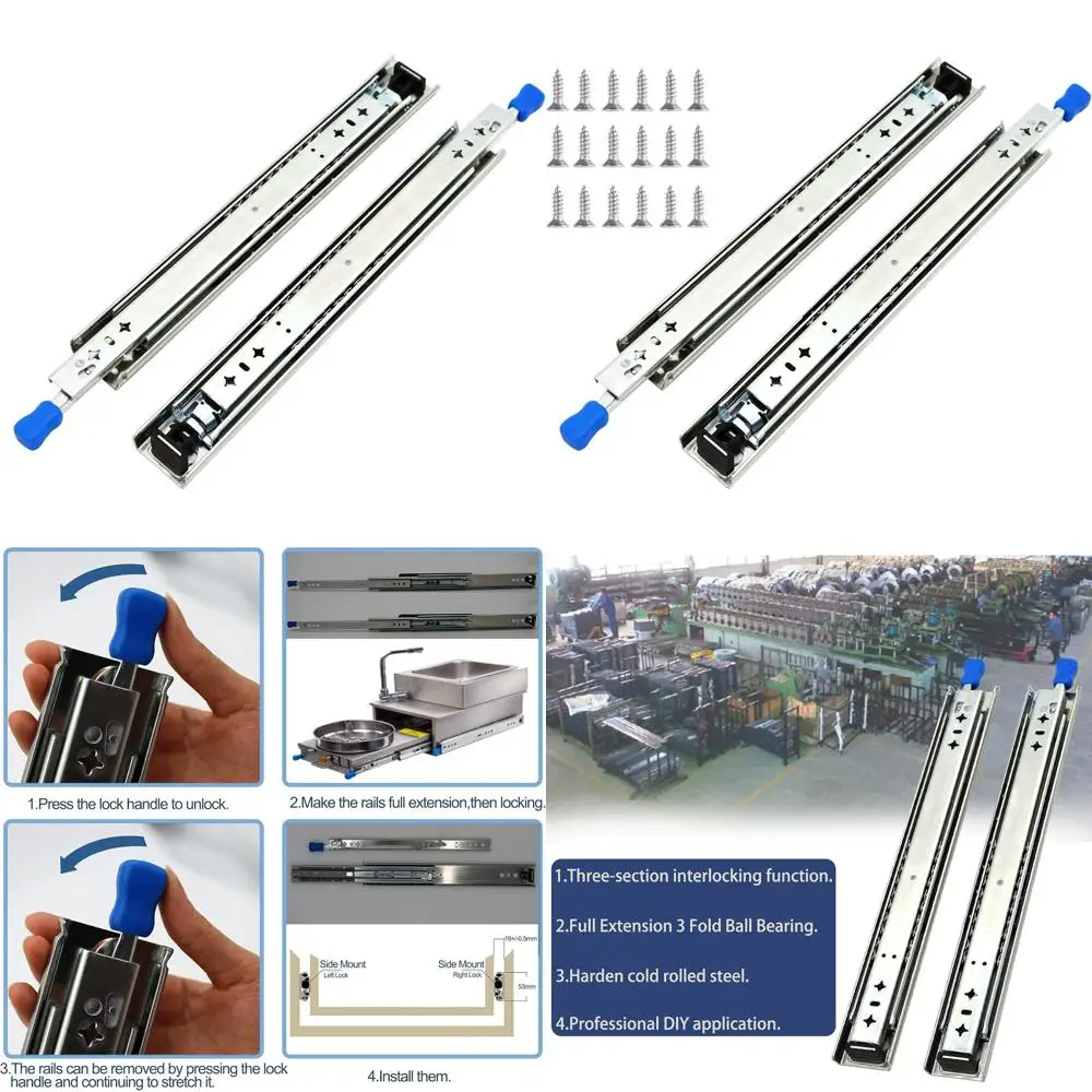 

38 Inch 260 lbs Capacity Heavy Duty Locking Drawer Slides with Side Mount, Full Extension, Ball Bearing Stainless Steel Rails an