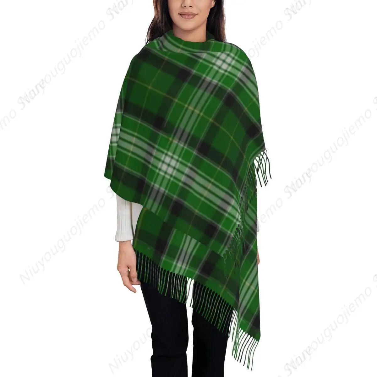 Green And White Scottish Tartan Flannel Plaid Scarf Tassel Scarves Women Soft Warm Shawls and Wraps Long Fall Winter Shawl Wrap