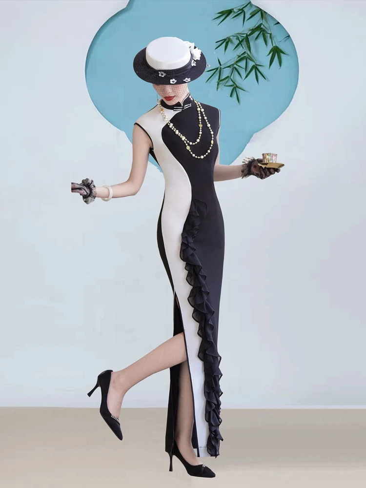 

Ele Long Young Sle Performance Suit Dr White Slimming Chinese Traditional Qipao Gown High Slit ort Sve Women